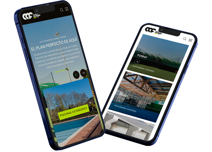Mockup de teléfonos móviles con capturas de la web del Club de Campo